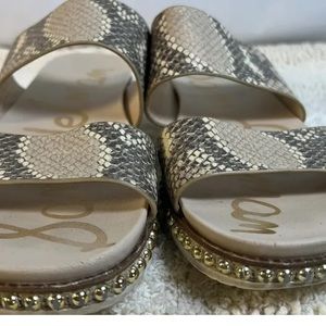 Sam Edelman Womens 8 Leather Python Print Slide Sandals with Gold Bead Trim GUC